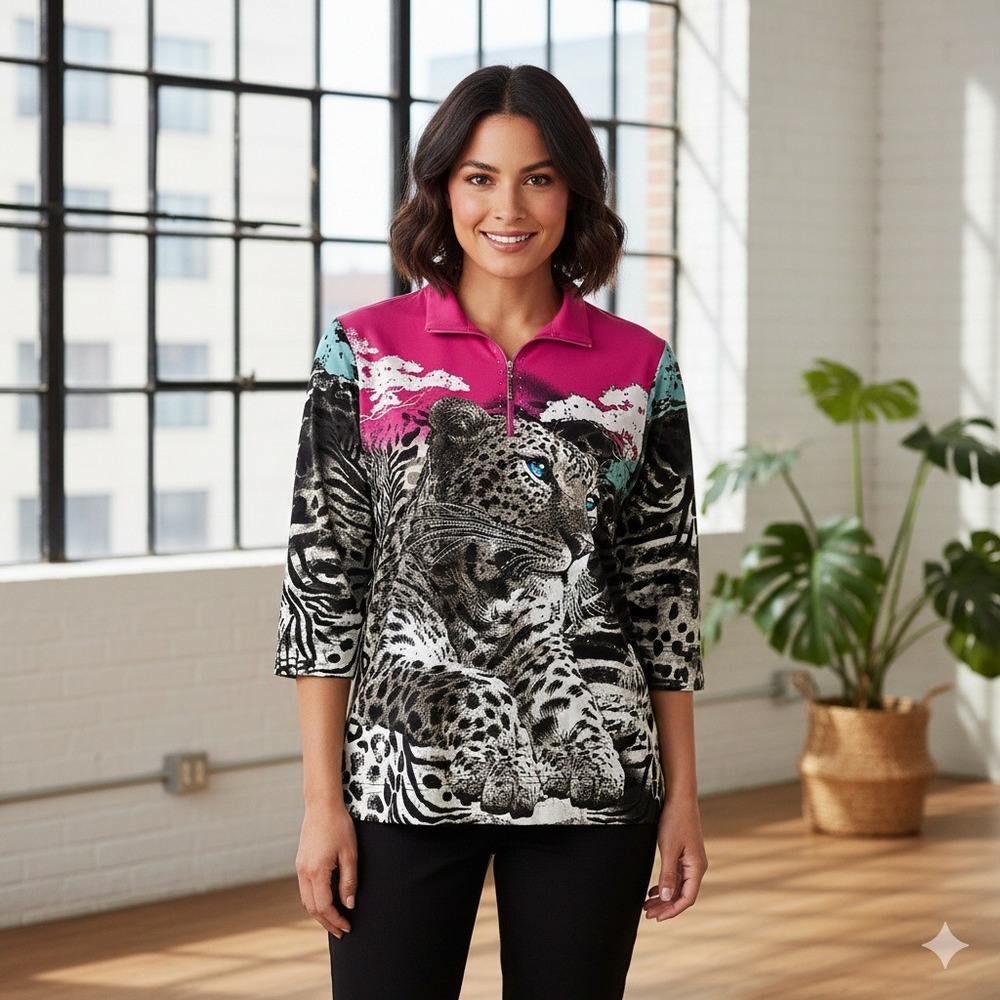 Jackets Galore By John Farah Leopard Top Sleeve Art to Wear Pink Teal - Size L‎